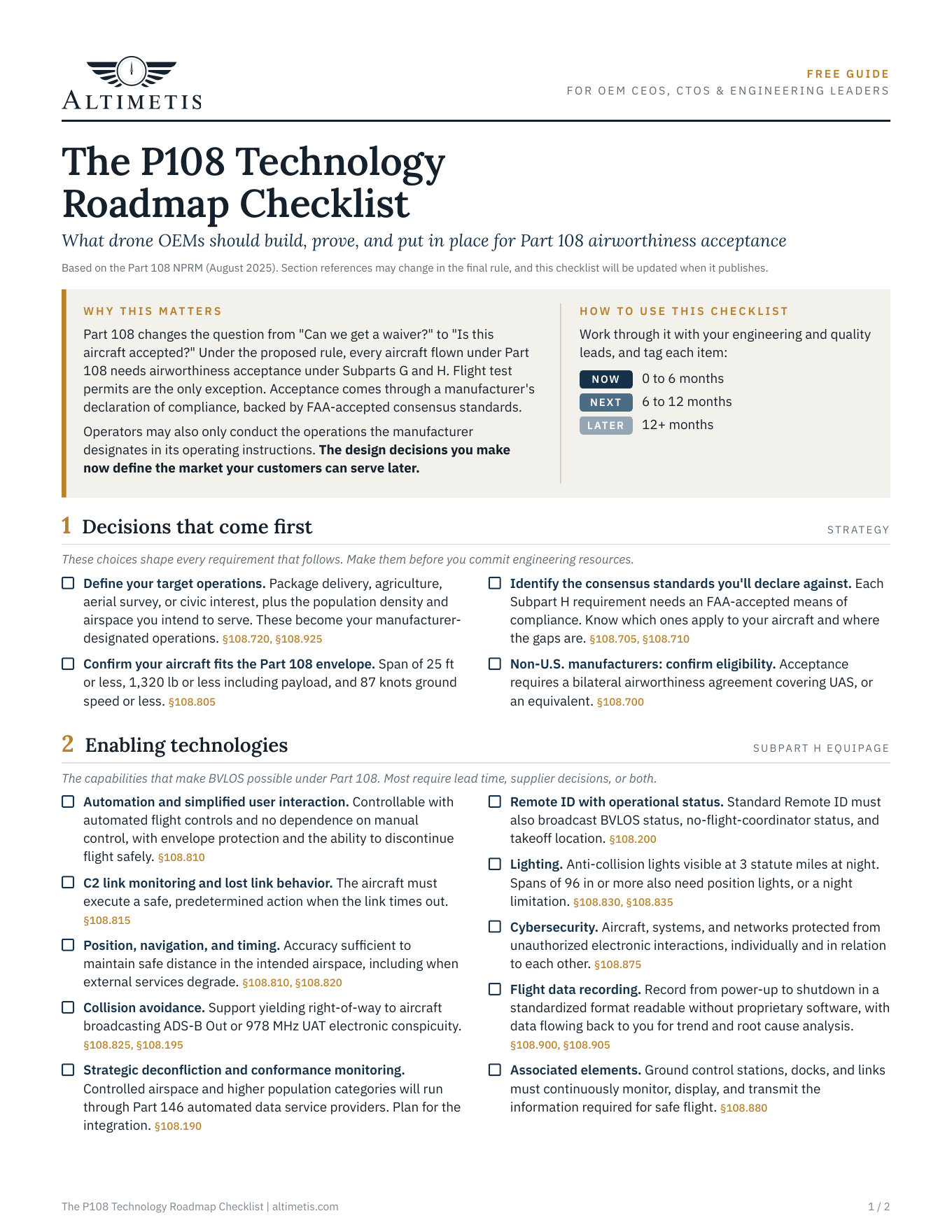 Page 1 of the P108 Technology Roadmap Checklist, showing the Decisions that come first and Enabling technologies sections.